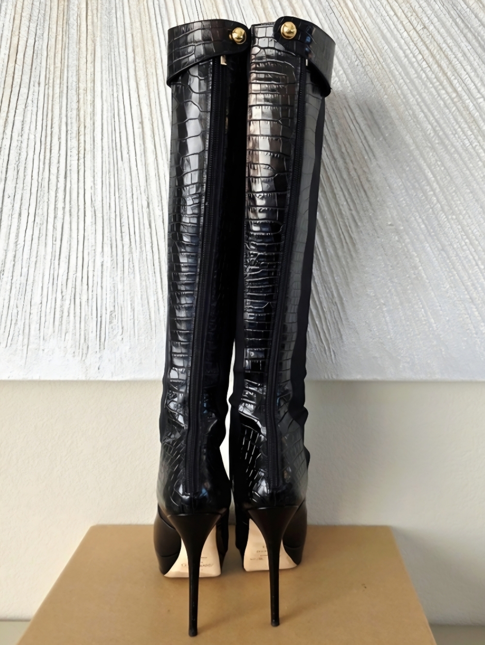 Jimmy Choo Black Croc-Embossed Knee-High Heeled Boots with Stretch Panels US 8 - Picture 9 of 16